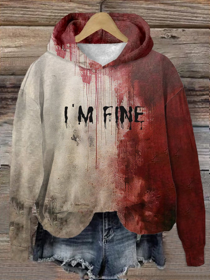 „I AM FINE” művészi graffiti stílusú piros kapucnis pulóver