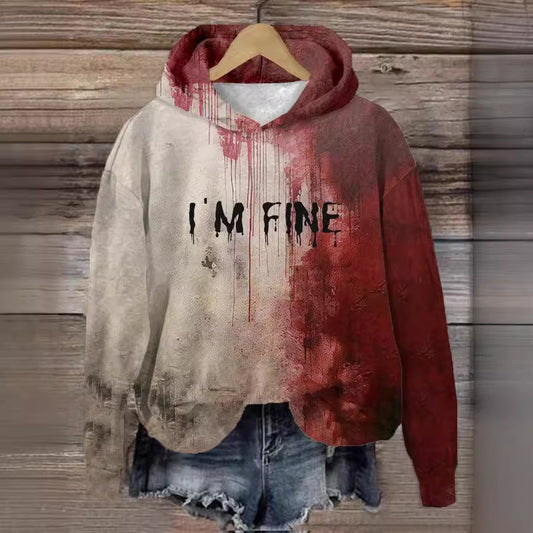„I AM FINE” művészi graffiti stílusú piros kapucnis pulóver